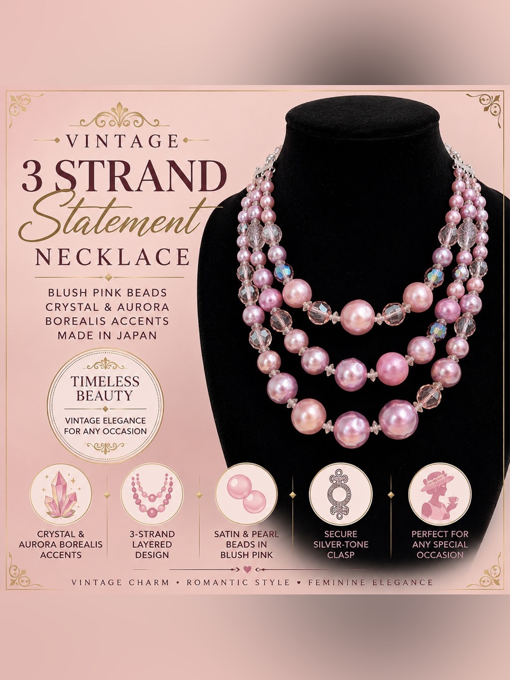 Vintage  Signed Japan 3 Strand Pink Satin Bead Aurora Borealis Necklace